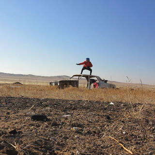 I strike a surfing pose on the roof of a derelict car.