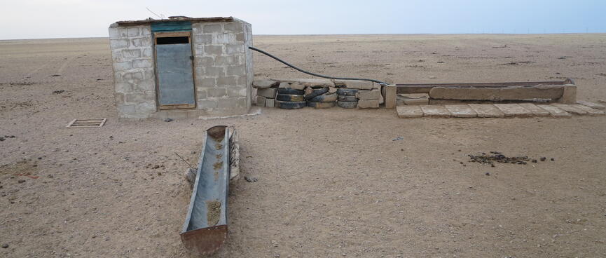A small brick shed and a long trough to its right.
