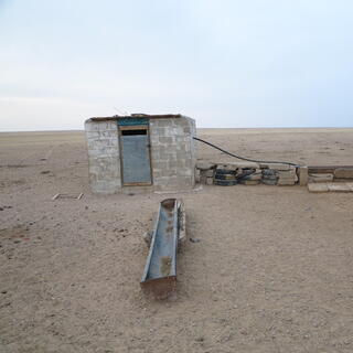 A small brick shed and a long trough to its right.
