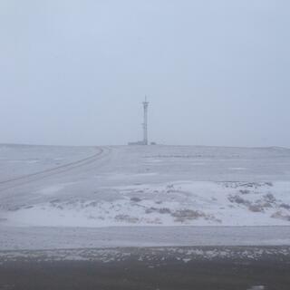 A cell tower dwarfs an adjacent building. It is held in place by long dialogonal cables. 