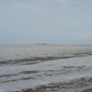 A cluster of low buildings on the horizon.