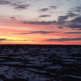 Pink and apricot streaked skies peppered in grey cloud.