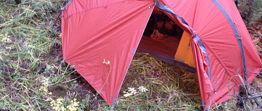 My tent pitched on an angle amongst the trees.