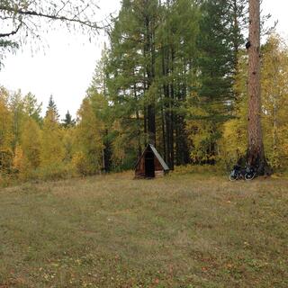 A squat shelter without walls.