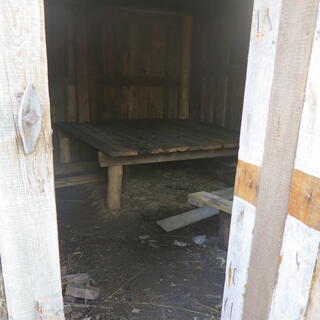 A small cabin contains a raised sleeping platform.