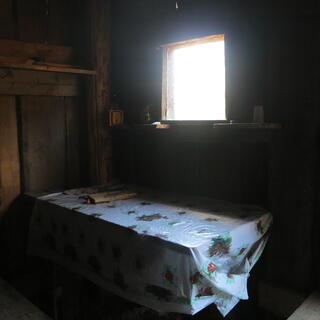 A plastic cloth covers a table in a rustic cabin.
