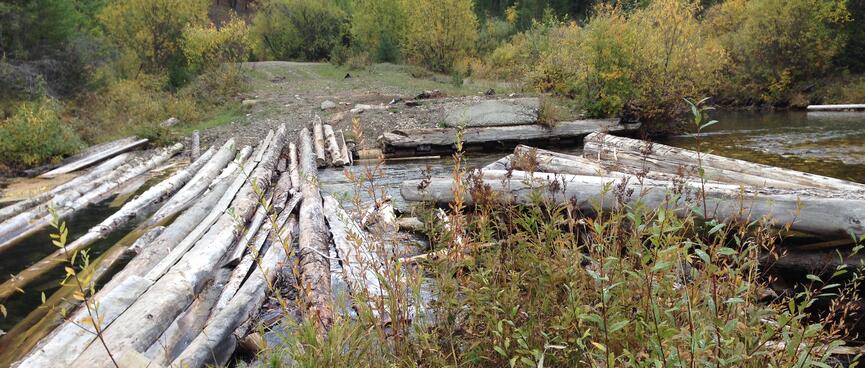 Long, pale logs are laid on top of a flowing river.