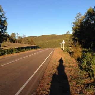 My long shadow extends towards a road sign.