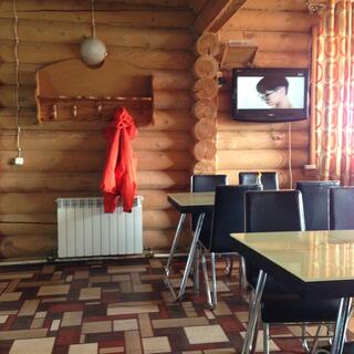 A flat-screen TV on the wall of a log house.
