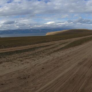 A wide dirt road is imprinted with many tyre tracks.