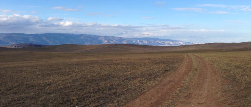 Grassy steppes and distant mountains.