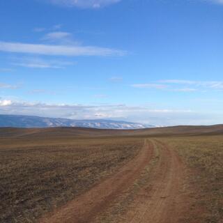 Grassy steppes and distant mountains.