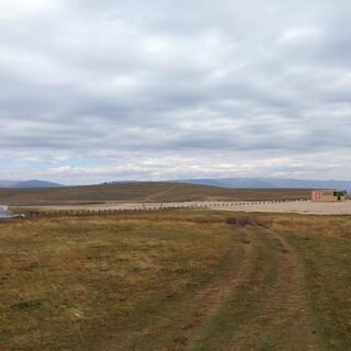 A grassy track passes a sandbar.