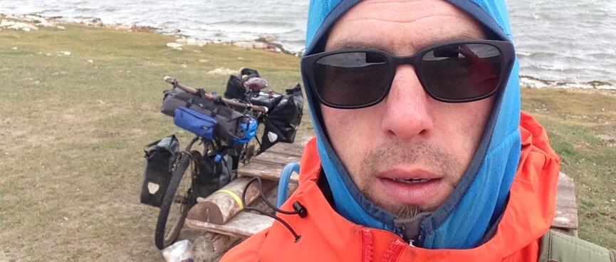 At the coast, my blue hoodie acts like a balaclava.