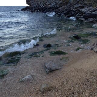 Shards of rock spill into the sea.