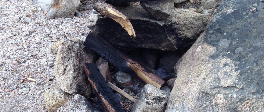 Charred pieces of wood and a metal can.