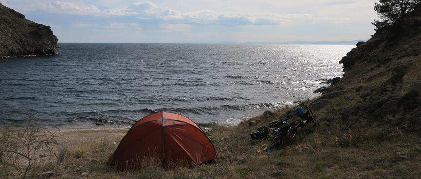 Looking over the tent to the sea beyond.