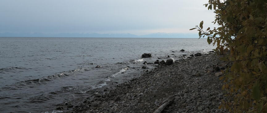 Small waves lap at the shoreline of a pebbled beach.