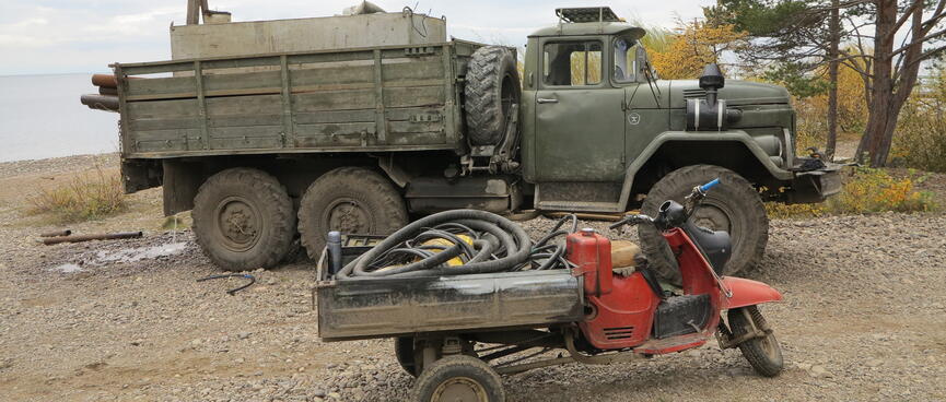 Army style truck and motorbike.