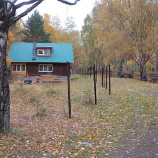 A house with a pitched blue roof.