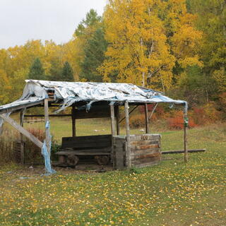 A wooden bench under a frayed plastic roof.