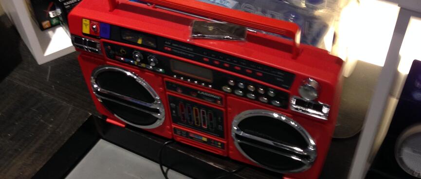 A large red ghetto blaster.
