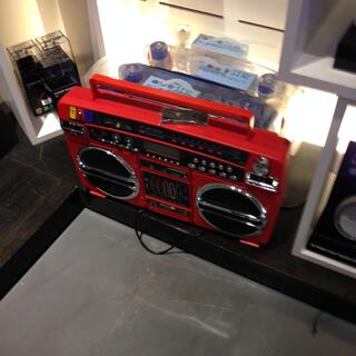 A large red ghetto blaster.