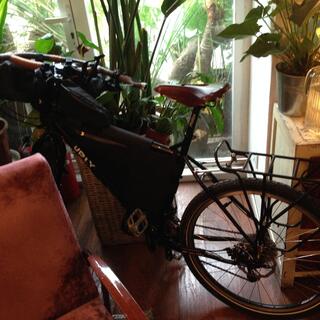 My bike is squashed between a pot plant and a lounge chair.