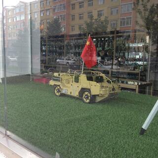A scale model Armoured Personnel Vehicle is the size of a large cat and flies the Chinese flag.