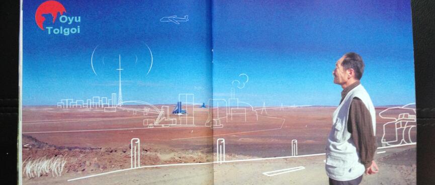 A two page magazine spread shows a sketches of modern infrastructure overlaid on a barren steppe.