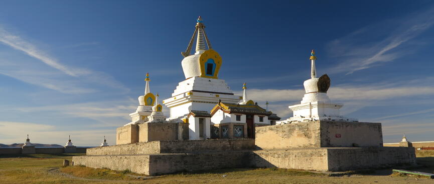 A cluster of stupas in the middle of the complex.