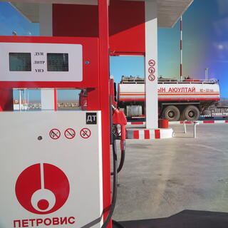 Red and white petrol pumps.