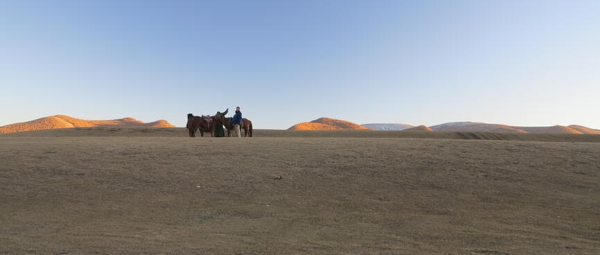 Horses and their riders wait in the distance.