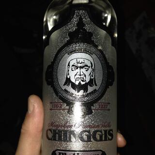 A bottle of Platinum Chinggis vodka features the stern face of Chinggis Khan.