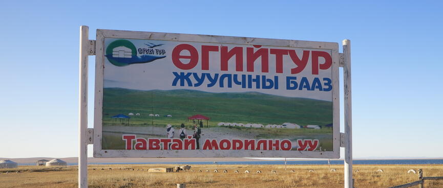 A billboard in a paddock shows white gers on a backdrop of green hills.