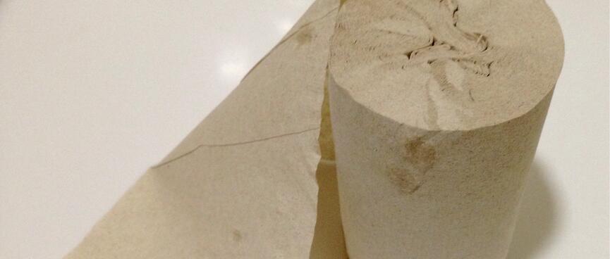 A tightly wound roll of tough brown toilet paper.