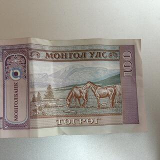 Horses eating grass, on the back of a 100 Tugrik bill.