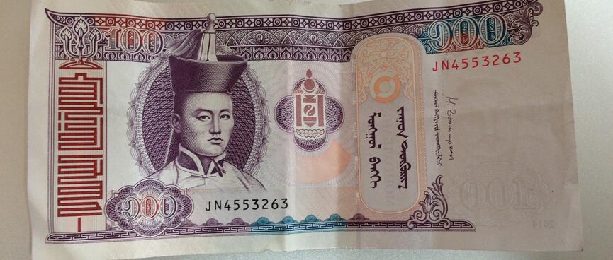The face of Damdin Sükhbaatar, on the front of a 100 Tugrik bill.
