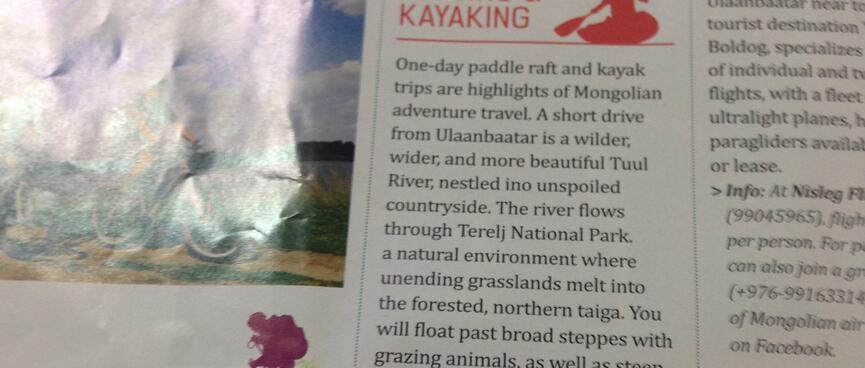 Magazine article about hiking in the Bogd Khan mountains, and rafting and kayaking on the Tuul River.