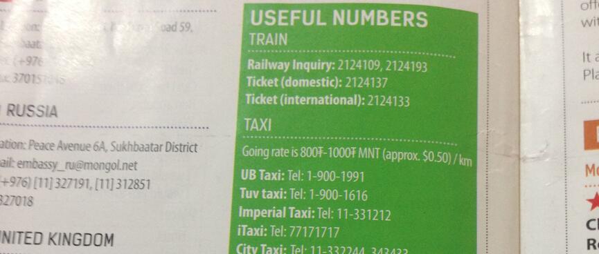 Train, taxi, emergency and general enquiry numbers.