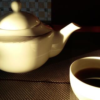A white teapot and cup with matching pattern.
