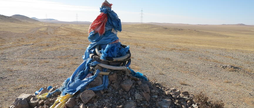 A wooden pole on top of a pile of rocks. It is wrapped in coloured scarves and plastic or rubber tubes.
