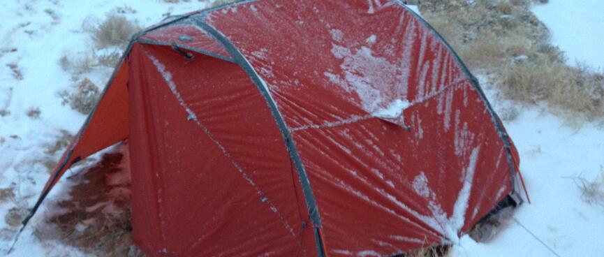 Patches of ice on the exterior of my orange tent.