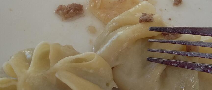 A fork rests on an oily meat dumpling.
