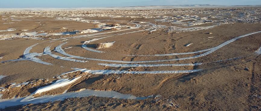 White tyre tracks on the brown earth.