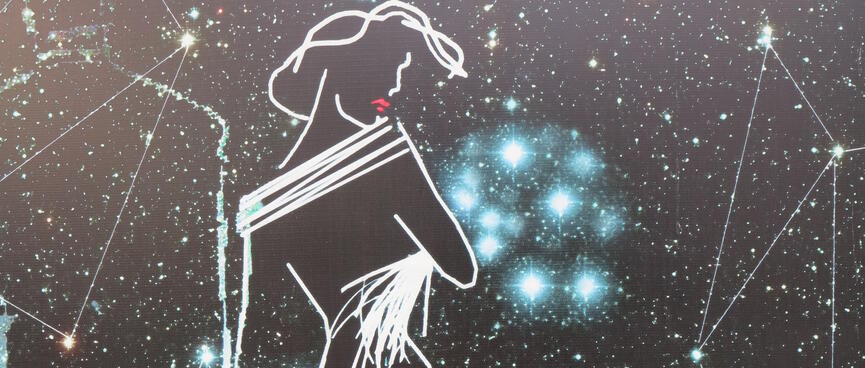 An outline of a fashionable woman, on a background of starry constellations.