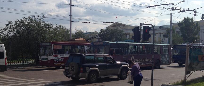 Trolley buses are powered by overhead wires, in Chita.