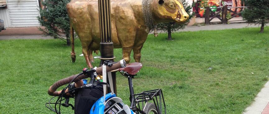 My bike leans against a lamppost, in front of a bronze bull, in Irkutsk.