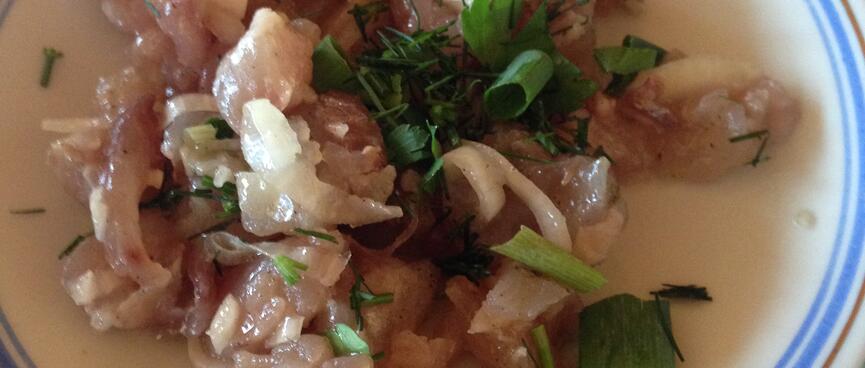 Raw fish, onion, and spring onion.