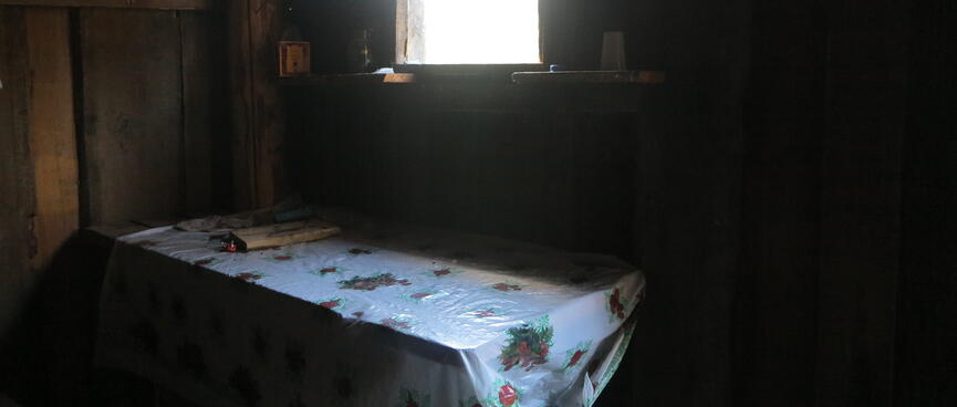A plastic cloth covers a table in a rustic cabin.